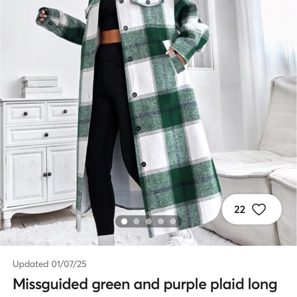 Missguided Green and Purple Plaid Long Coat